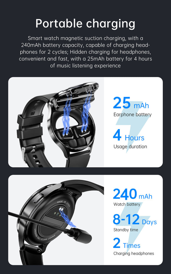 2-in-1 Smartwatch with Built-in TWS Earphones - IP67 Waterproof, Health Monitoring & CNC Metal Design(Black rubber)
