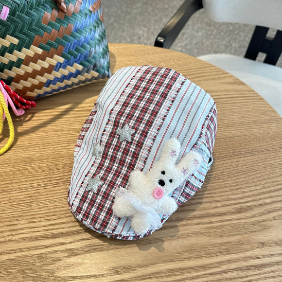 Patchwork Plaid Cotton Cap with Decorative Details(red)