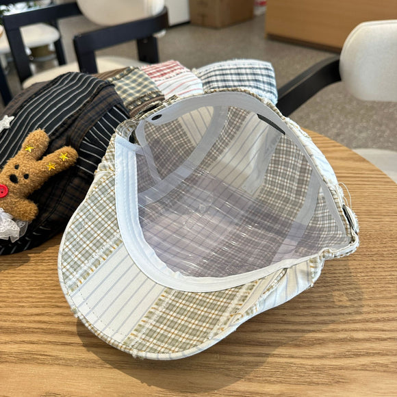 Patchwork Plaid Cotton Cap with Decorative Details(red)