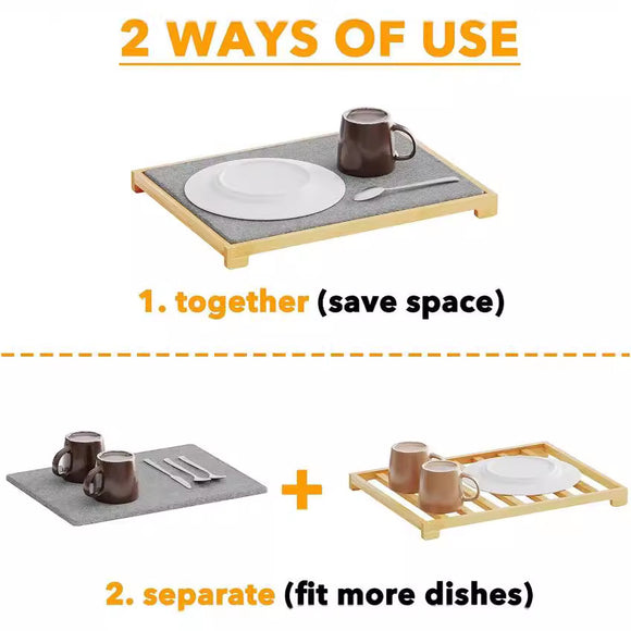 Instant Dry Stone Dish Drying Mat with Bamboo Rack - 2 Ways to Use, Quick Absorbent & Stylish(marble)