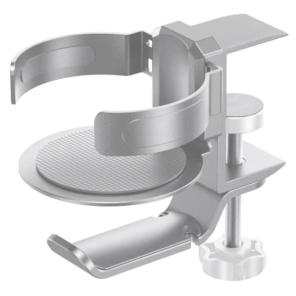 Two desktop clip-on cup holders and headphone hanger - adjustable, non-slip silicone, maximum load 15KG(silver)