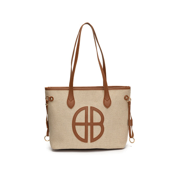 Stylish Large Capacity Tote Bag with PU Leather Trim & Logo Detail(Beige with brown)