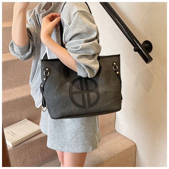 Stylish Large Capacity Tote Bag with PU Leather Trim & Logo Detail(black)