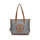Stylish Large Capacity Tote Bag with PU Leather Trim & Logo Detail(Blue and Brown)-1