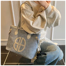 Stylish Large Capacity Tote Bag with PU Leather Trim & Logo Detail(Blue and Brown)-4