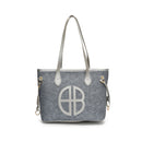 Stylish Large Capacity Tote Bag with PU Leather Trim & Logo Detail(Blue with Silver)-1