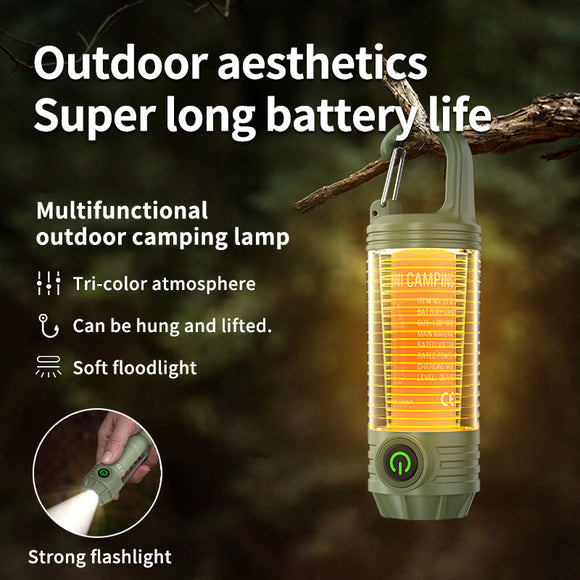 Tri-Color Portable Camping Lantern & Flashlight - Rechargeable, 360°Ambient Light & Hook Design(Khaki)
