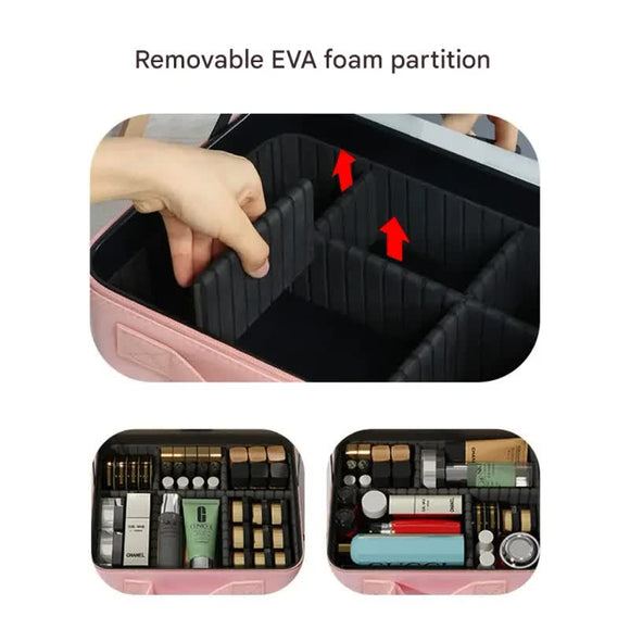 Travel Makeup Case with LED Lighted Mirror - Adjustable Dividers & Brush Holder(black)