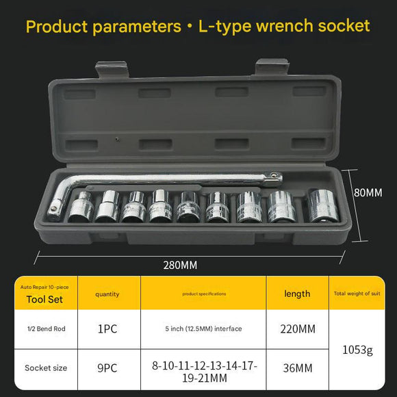 Two 10-piece L-shaped socket wrench sets - 1/2" drive chrome vanadium steel with metric sockets and housings(gray)