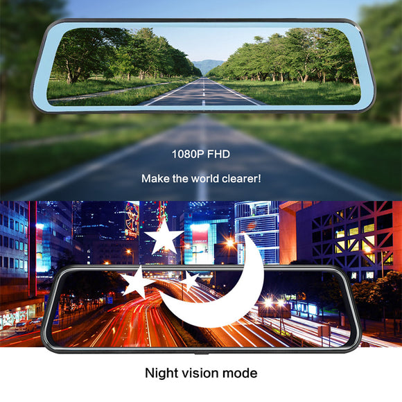 10-Inch Dual Lens Dash Cam Mirror - 1080P FHD Touch Screen Car DVR with Rear Camera, Night Vision & G-Sensor(black)