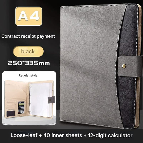 A4 PU Leather Business Portfolio with Ring Binder, Calculator & 40 Sleeves(grey and black)