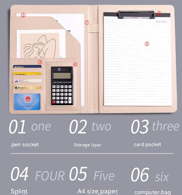 A4 PU Leather Business Portfolio with Ring Binder, Calculator & 40 Sleeves(grey and black)