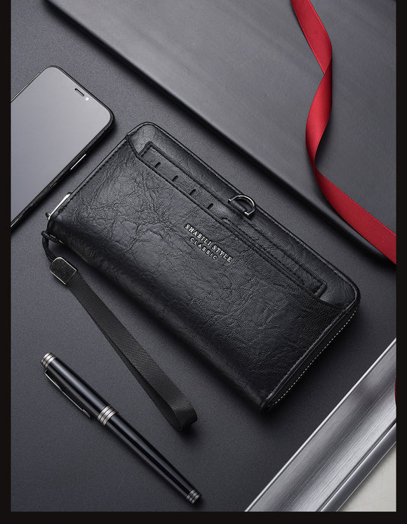 Black Classic Long Zipper Wallet Clutch - Large Capacity PU Leather Phone & Card Holder with Wrist Strap