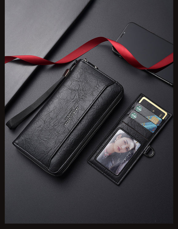 Black Classic Long Zipper Wallet Clutch - Large Capacity PU Leather Phone & Card Holder with Wrist Strap