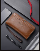 Brown Classic Long Zipper Wallet Clutch - Large Capacity PU Leather Phone & Card Holder with Wrist Strap-1