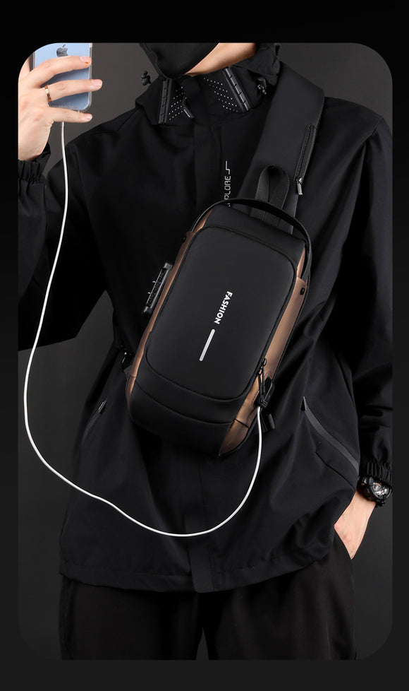 Black Men's Anti-Theft Crossbody Sling Bag with USB Charging Port & Combination Lock