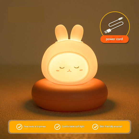 Pink Bunny Cute Animal LED Night Light - Rechargeable Silicone Nursery Lamp with Tap Control, Dimmable Bedside Light for Kids