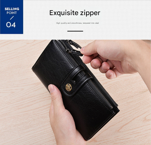 Black Men's Vintage PU Leather Long Wallet - High Capacity Dual Zipper Clutch with Phone & Card Slots