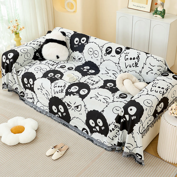 Black and white Ball Pattern Soft Waffle Weave Throw Blanket - Boho Style Cotton Blend Sofa Cover with Fringe 180x180cm