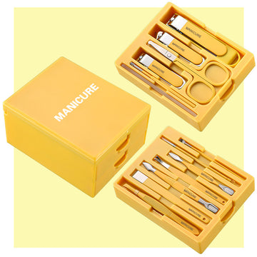 Yellow Premium 13-in-1 Manicure & Grooming Kit - Professional Carbon Steel Pedicure Set with Dual-Drawer Case & Mirror