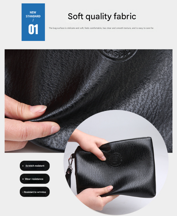 Black Classic Men's PU Leather Clutch Bag - Slim Business Wristlet & Travel Pouch