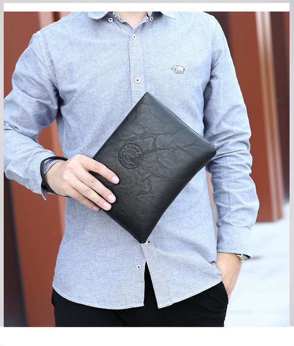 Black Classic Men's PU Leather Clutch Bag - Slim Business Wristlet & Travel Pouch