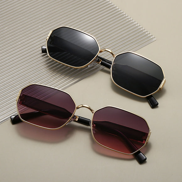 Gold Frame and Brown Lenses Modern Retro Geometric Sunglasses - Chic Metal Frame with UV400 Lenses and Black PU Leather Protective Case
