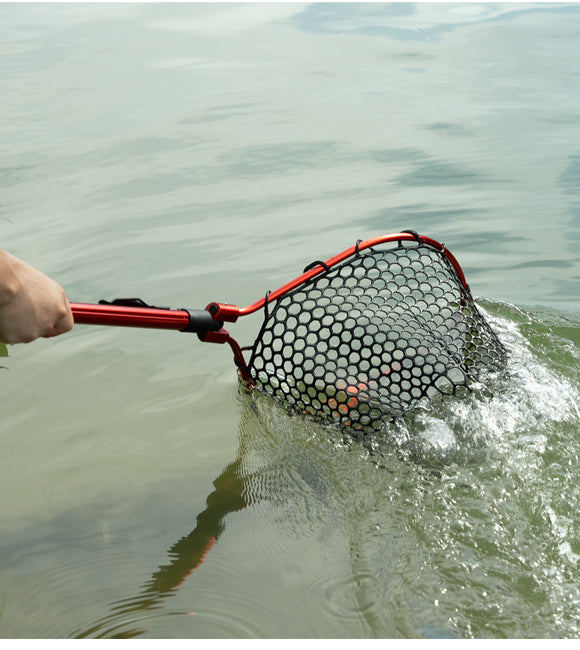 Black High Strength Large Landing Net - Fishing Net with Foldable Handle and Soft Rubber Netting, Dip Net for Fishing, Ideal for Boat, Pier, River Angling