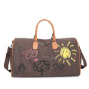 Large Capacity Canvas Travel Duffel Bag with Doodle Print - Weekend & Gym Tote(Coffee)-1