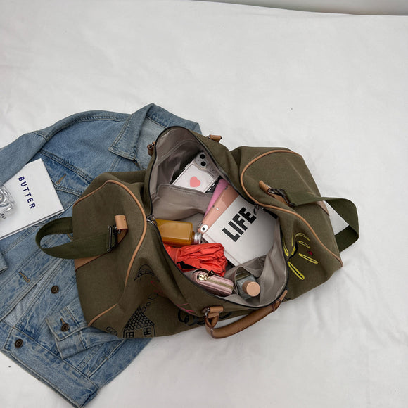 Large Capacity Canvas Travel Duffel Bag with Doodle Print - Weekend & Gym Tote(Coffee)