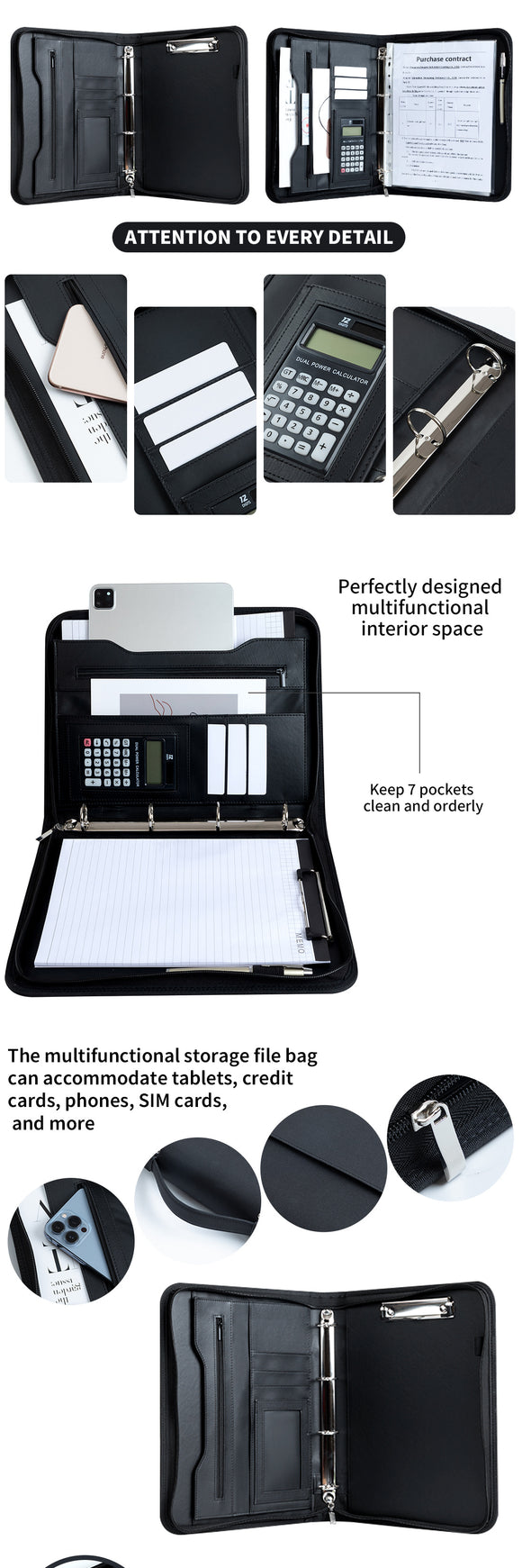 Professional PU Leather A4 Portfolio Binder with Zipper, Handle, Calculator & Clipboard(black)