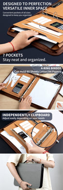 Professional PU Leather A4 Portfolio Binder with Zipper, Handle, Calculator & Clipboard(black)-7