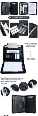 Professional PU Leather A4 Portfolio Binder with Zipper, Handle, Calculator & Clipboard(brown)-5