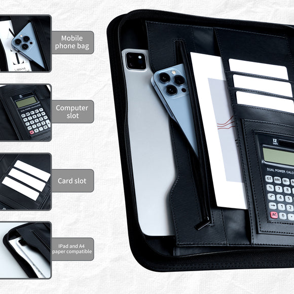 Professional PU Leather A4 Portfolio Binder with Zipper, Handle, Calculator & Clipboard(grey)