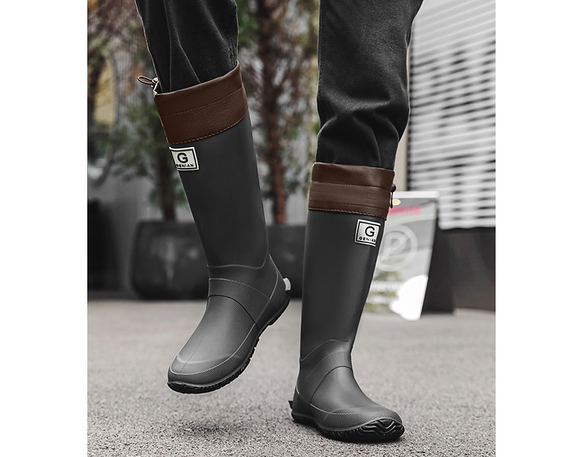 42# Black Foldable Knee-High Rain Boots - Packable Waterproof Non-Slip Wellies for Travel & Festivals