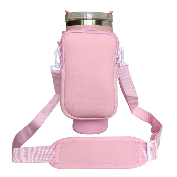 Pink Crossbody Tumbler Carrier with Detachable Wallet Pouch and Adjustable Strap