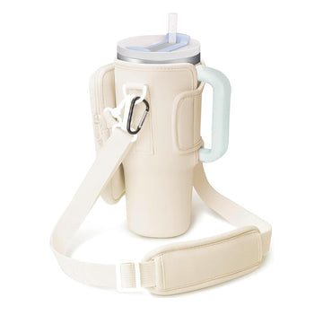 Beige Crossbody Tumbler Carrier with Detachable Wallet Pouch and Adjustable Strap