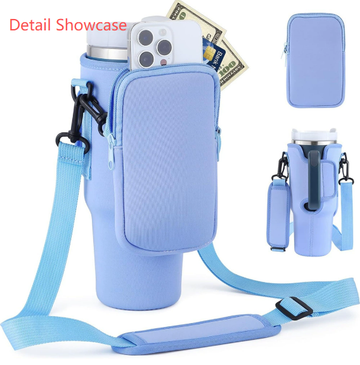 Blue Crossbody Tumbler Carrier with Detachable Wallet Pouch and Adjustable Strap - 0