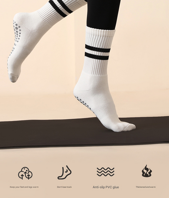 Grey (3-Pack) Unisex Striped Non-Slip Grip Socks - Cotton Crew Socks for Yoga, Pilates & Home Workouts