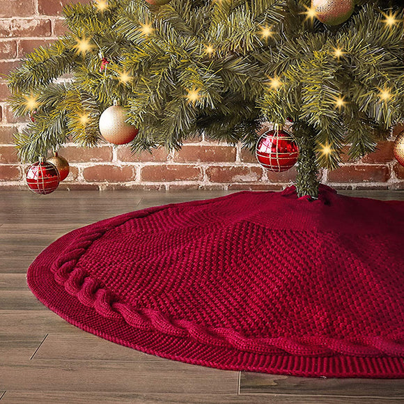 Festive Knit Christmas Tree Skirt - Acrylic Red Tree Mat with Pom-Poms 122cm