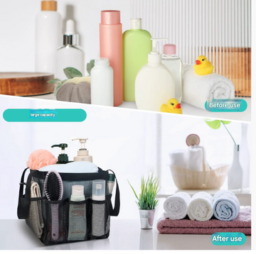 Black Large Multi-Pocket Mesh Beach Tote Bag - Quick-Dry Travel & Gym Organizer with Drawstring Closure - 0