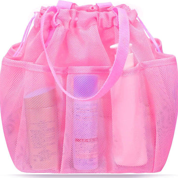 Pink Large Multi-Pocket Mesh Beach Tote Bag - Quick-Dry Travel & Gym Organizer with Drawstring Closure