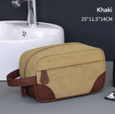 Khaki Men's Vintage Canvas Toiletry Bag PU Leather Accent Travel Wash Pouch Large Capacity Shaving Kit Organiser-1