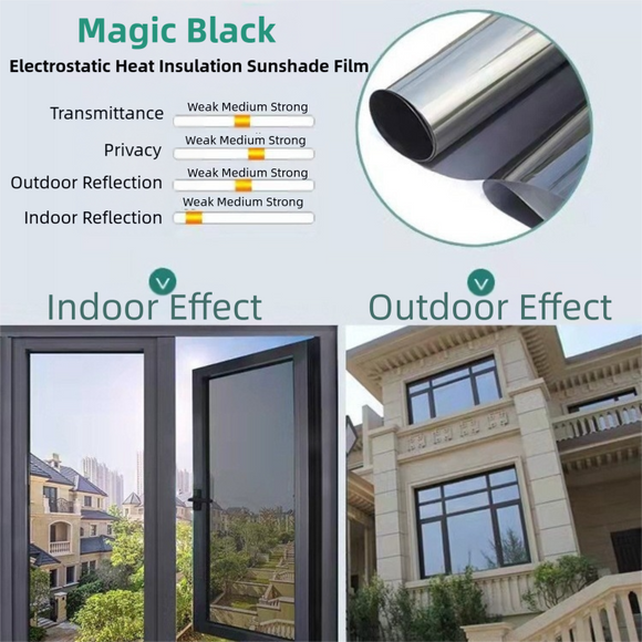 Premium 6-Layer Black Window Film for Home/Office – Reflective One-Way Privacy, 50cm x 2m One Roll, UPF 50+ UV Block,With Full Install Tools