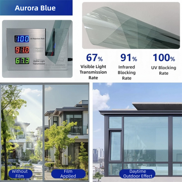 Premium 6-Layer Aurora Blue Window Film for Home/Office – Reflective One-Way Privacy, 50cm x 2m One Roll, UPF 50+ UV Block,With Full Install Tools