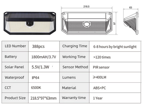 2-Pack Solar Motion Sensor Wall Light(388-Bead LED) -  3 Lighting Modes, IP64 Waterproof, Three-Sided Wide-Angle Lighting for Outdoor Security and Garden Lighting