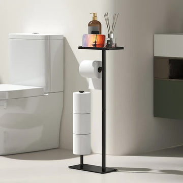 2-in-1 Freestanding Toilet Paper Holder - Thick Carbon Steel with Matte Black Finish, Storage Top and 2 * Paper Roll Holder