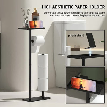 2-in-1 Freestanding Toilet Paper Holder - Thick Carbon Steel with Matte Black Finish, Storage Top and 2 * Paper Roll Holder - 0