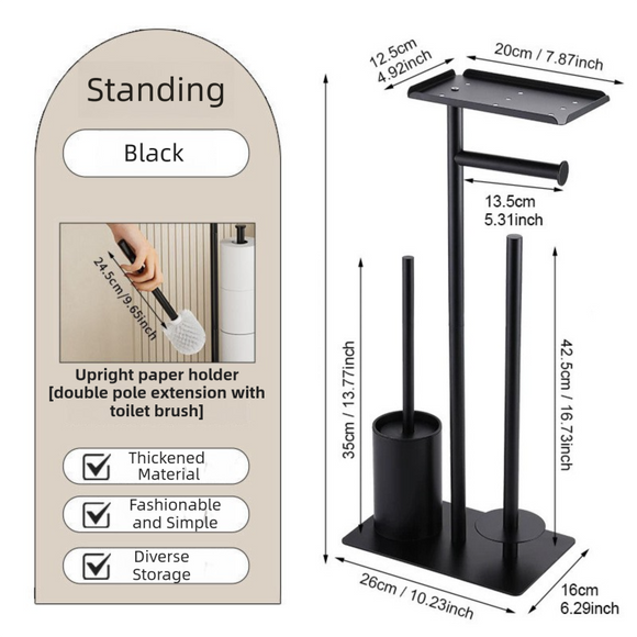 3-in-1 Freestanding Toilet Paper Holder - Thick Carbon Steel with Matte Black Finish, Storage Top, Paper Roll Holder, and Integrated Brush Holder
