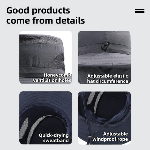 2-Pack Dark Grey Men's Adjustable Sun Protection Hat - Wide Brim, Deep Crown, Quick Dry Breathable Sun Cap with Neck Flap for Hiking & Outdoors